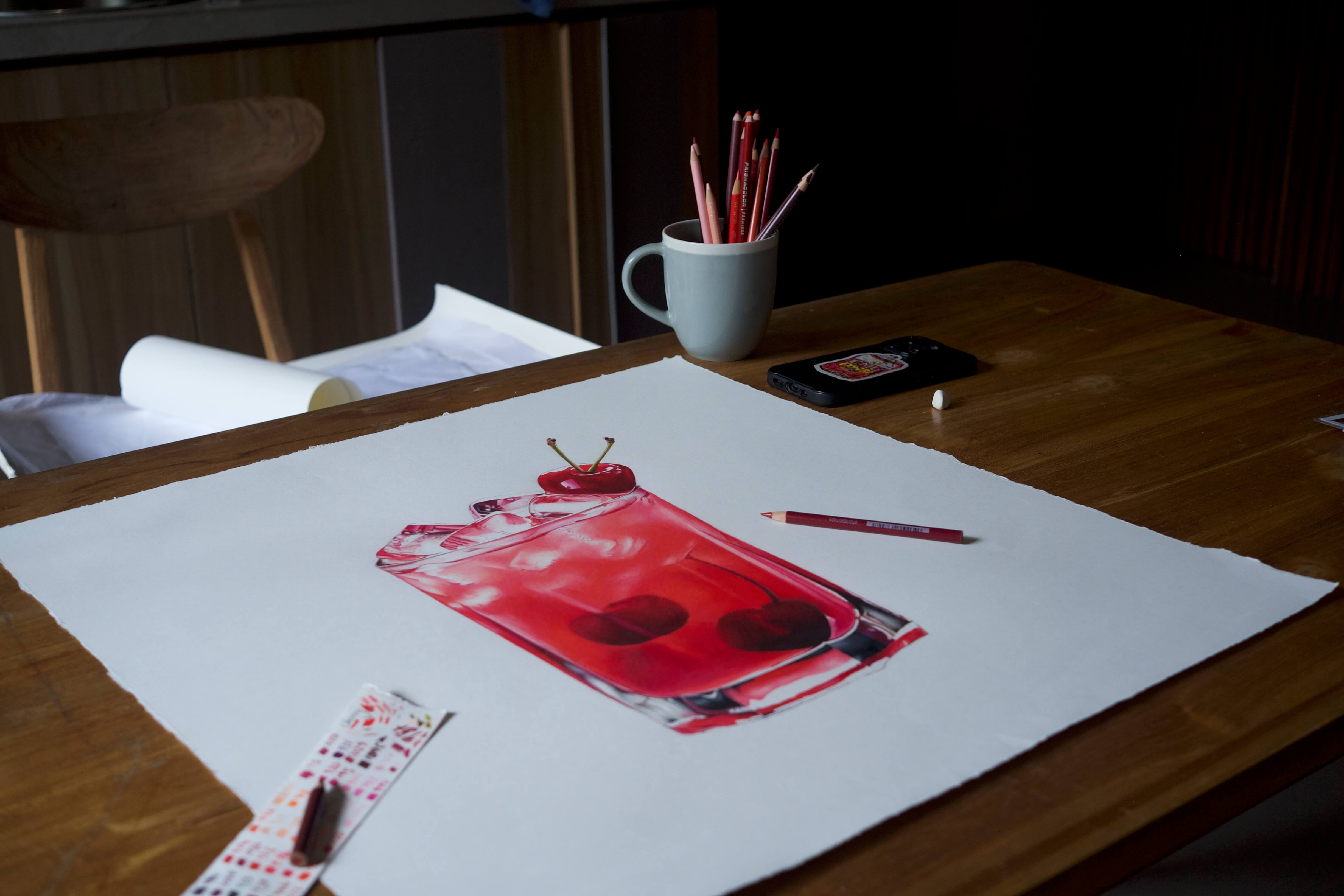 Cherry drink illustration on desk